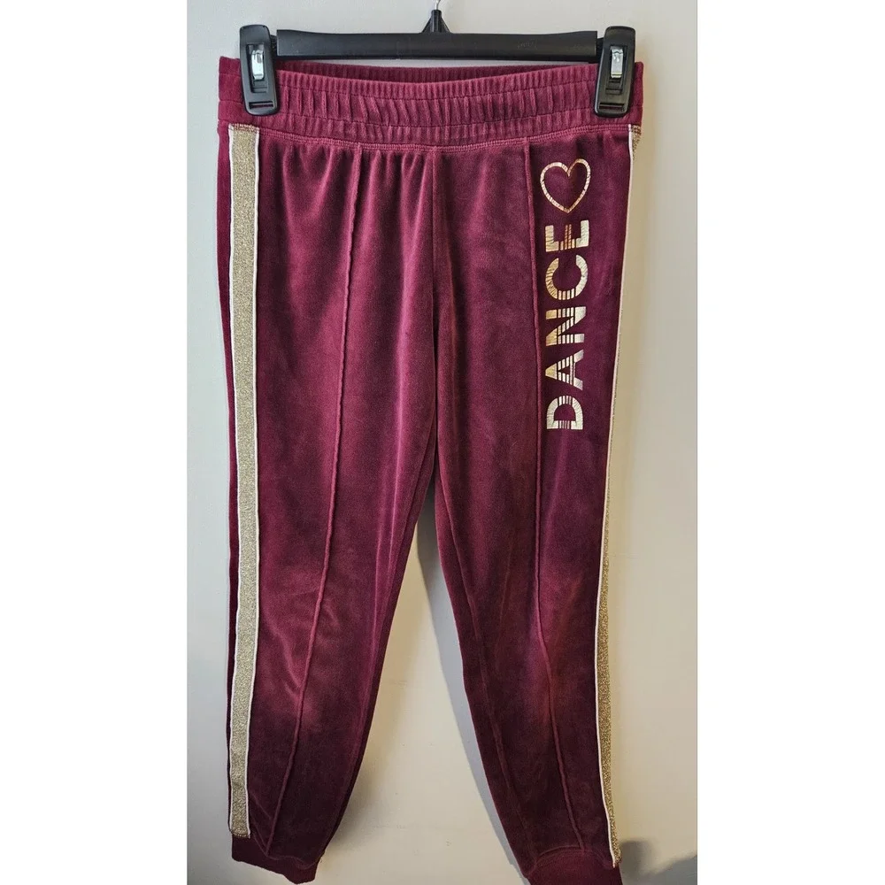 Justice Active Girls‎ Dance Velour Outfit Set Hoodie Joggers Burgundy Gold Sz 10